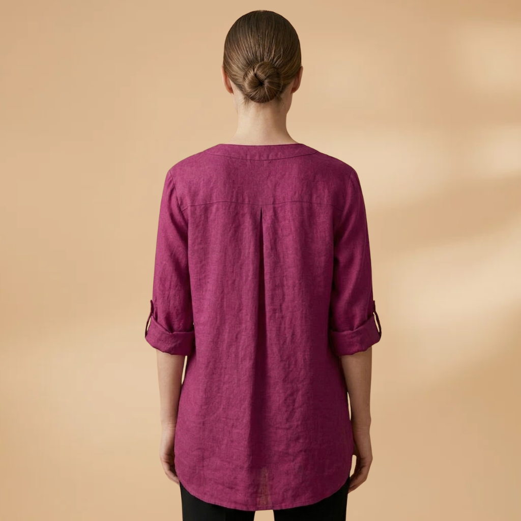 Women's Linen Blouse with V-Neck and Rollable Sleeves