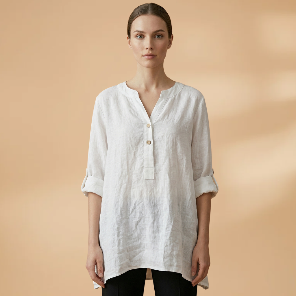 Women's Linen Blouse with V-Neck and Rollable Sleeves