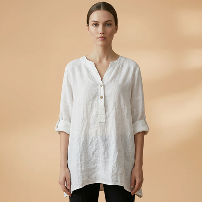 Women's Linen Blouse with V-Neck and Rollable Sleeves