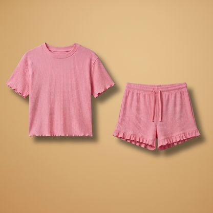 Women’s Loungewear Set with Ruffle Details and Ribbed Surface