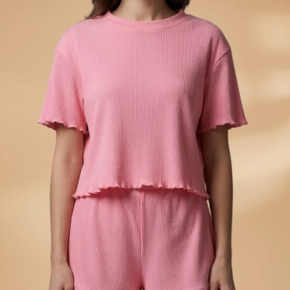 Women’s Loungewear Set with Ruffle Details and Ribbed Surface