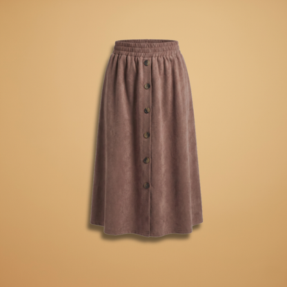 Women's Midi Suede Skirt with Button Details and Elasticated Waistband
