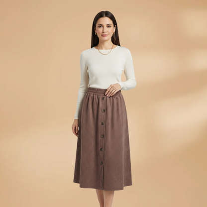 Women's Midi Suede Skirt with Button Details and Elasticated Waistband