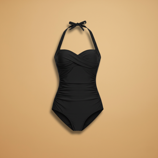Women's One-Piece Swimsuit with Pleats and Halterneck Strap