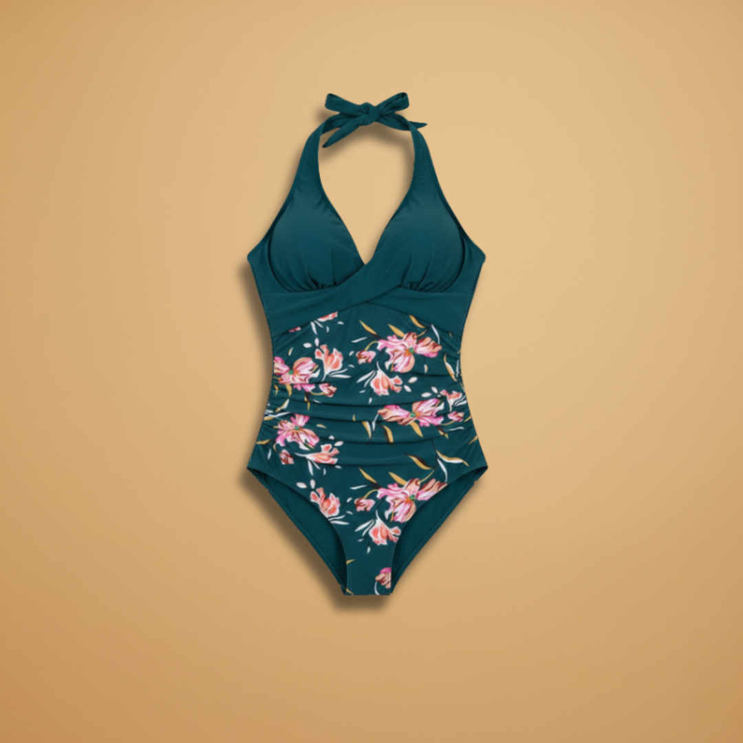 Women’s One-Piece Swimsuit with V-Neck and Vintage Style