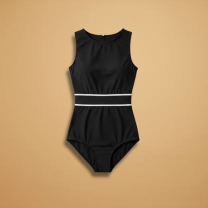 Women’s Striped Monokini Swimsuit with Round Neckline and Tailored Fit