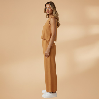 Women’s Two-Piece Outfit Set with Round Neck Top and Elasticated Waist Trousers