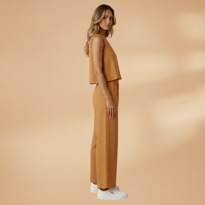 Women’s Two-Piece Outfit Set with Round Neck Top and Elasticated Waist Trousers