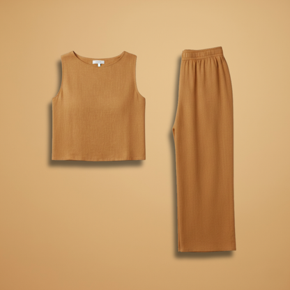 Women’s Two-Piece Outfit Set with Round Neck Top and Elasticated Waist Trousers