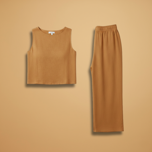 Women’s Two-Piece Outfit Set with Round Neck Top and Elasticated Waist Trousers
