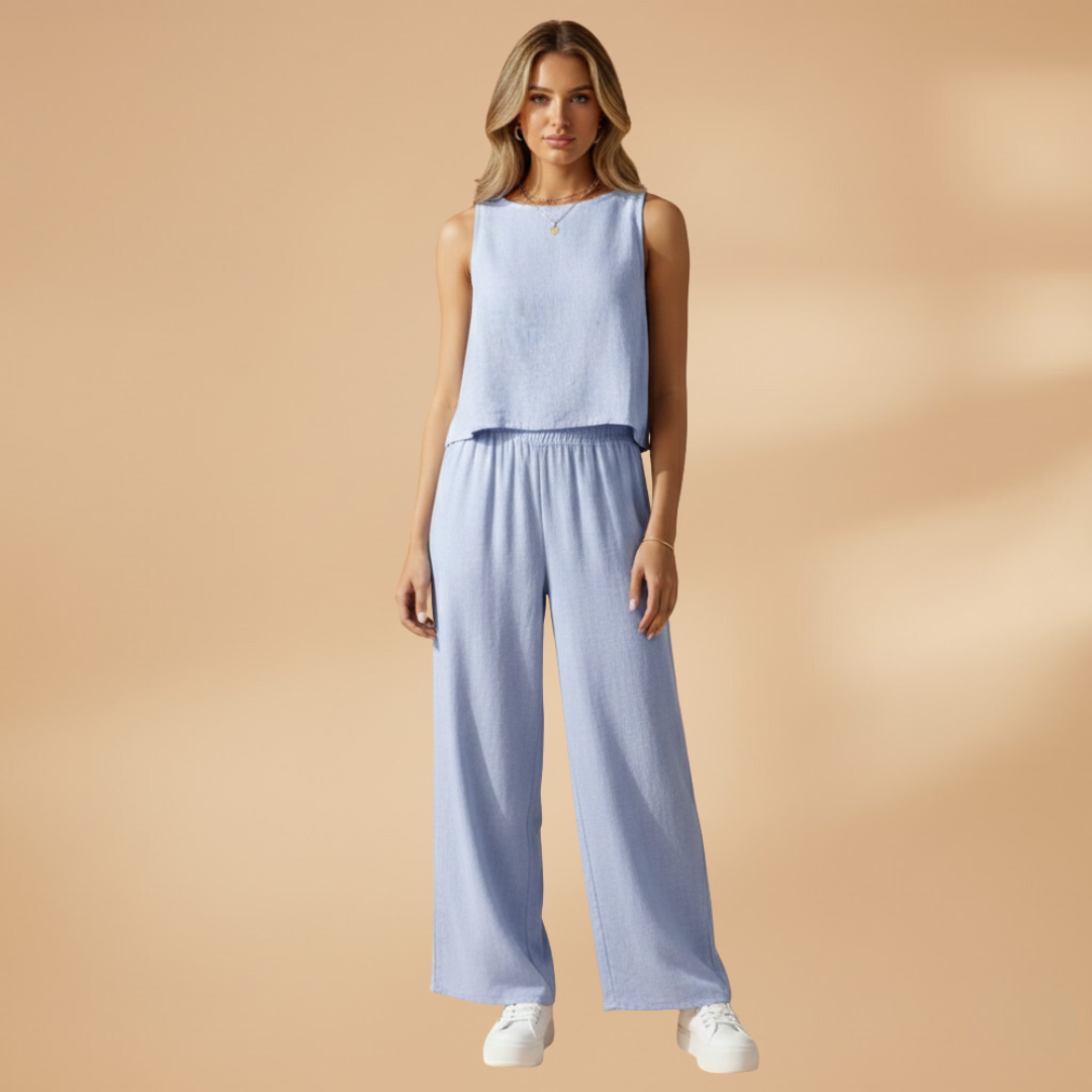 Women’s Two-Piece Outfit Set with Round Neck Top and Elasticated Waist Trousers