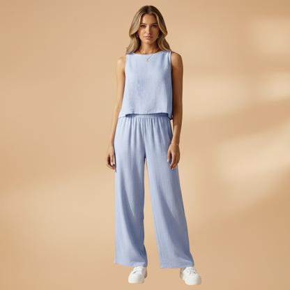 Women’s Two-Piece Outfit Set with Round Neck Top and Elasticated Waist Trousers