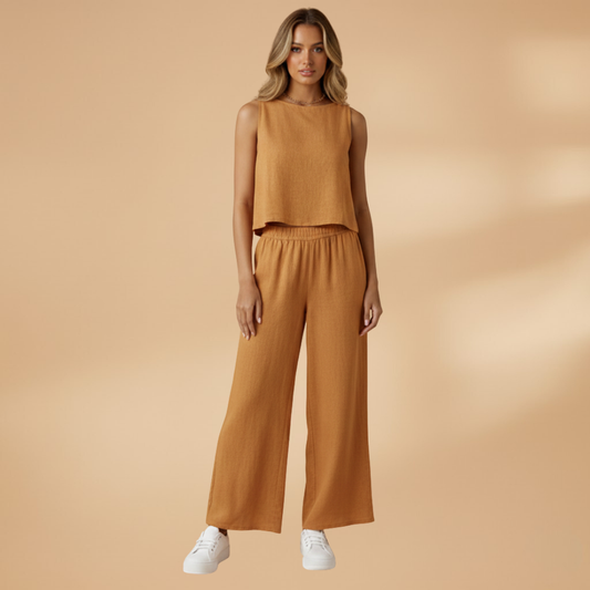 Women’s Two-Piece Outfit Set with Round Neck Top and Elasticated Waist Trousers