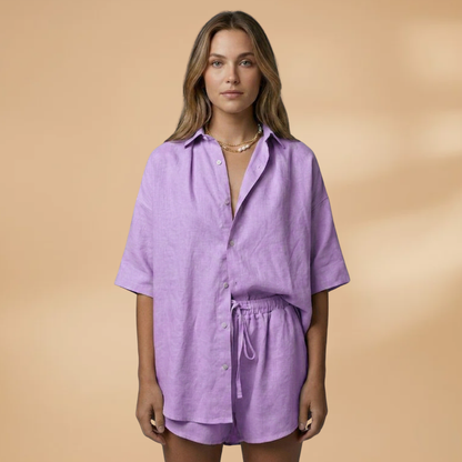 Women's Two-Piece Set with Button Placket and Drawstring Shorts