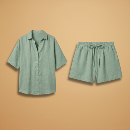 Women's Two-Piece Set with Button Placket and Drawstring Shorts