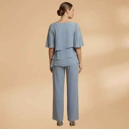 Women's Two-Piece Set with Round Neck and Wide Legs