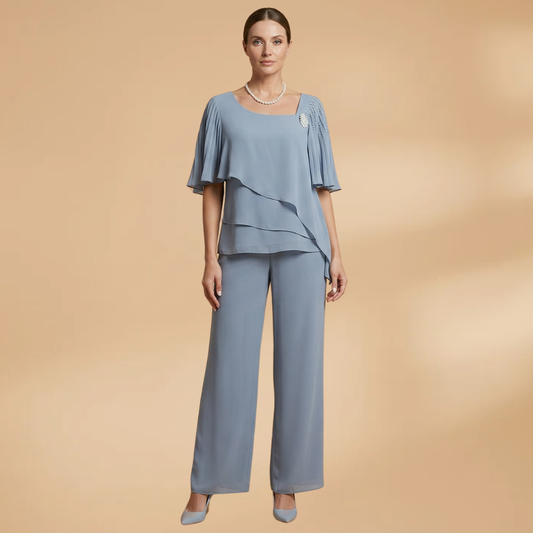Women's Two-Piece Set with Round Neck and Wide Legs