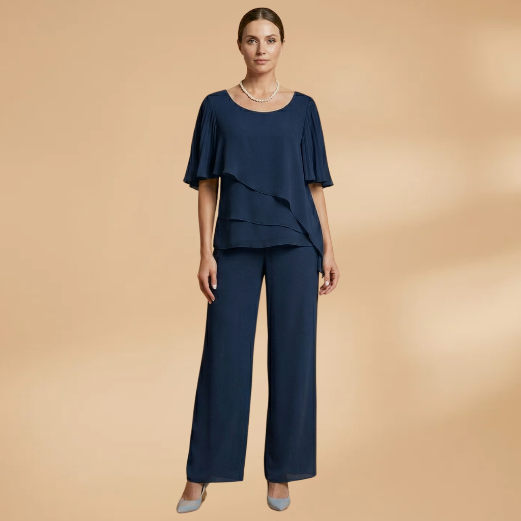 Women's Two-Piece Set with Round Neck and Wide Legs