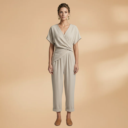Women's Two-Piece Set with Wrap Top and Cropped Trousers