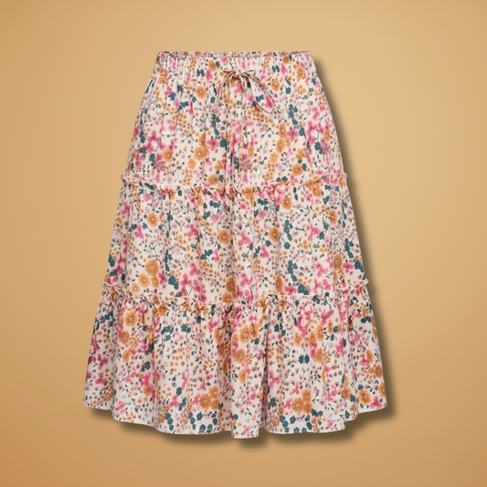 Women's Voluminous Skirt with Floral Design and Frilled Hem
