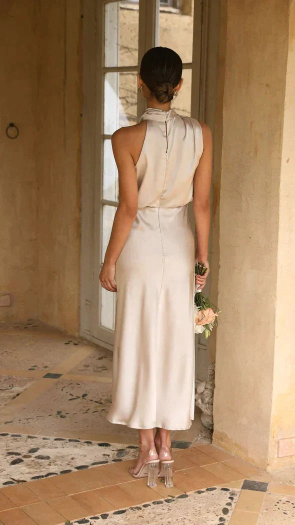 Women’s Elegant Halter Midi Dress Draped Neckline