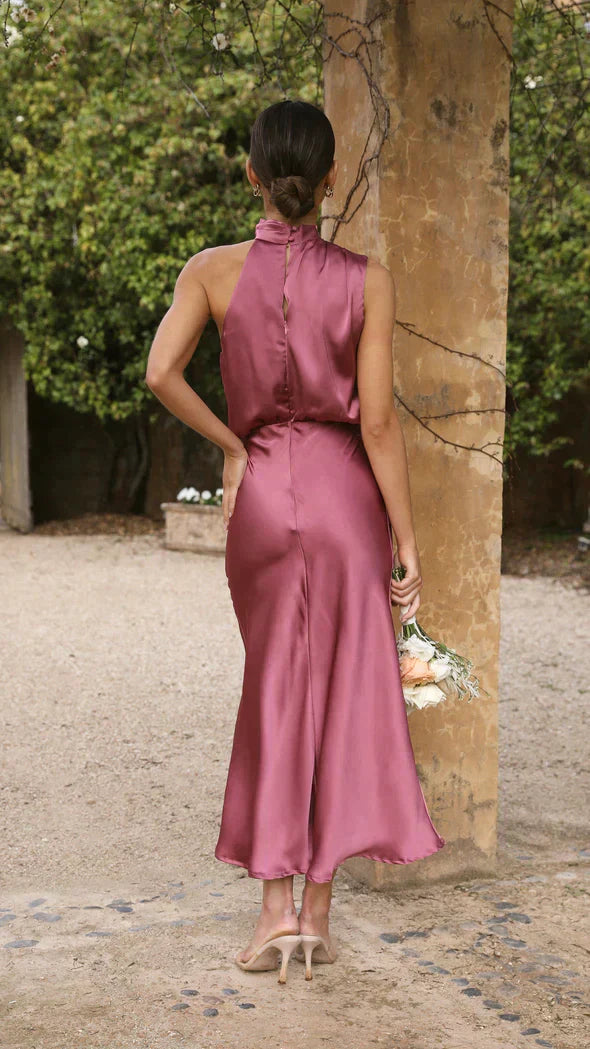 Women’s Elegant Halter Midi Dress Draped Neckline