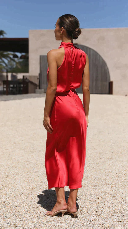 Women’s Elegant Halter Midi Dress Draped Neckline