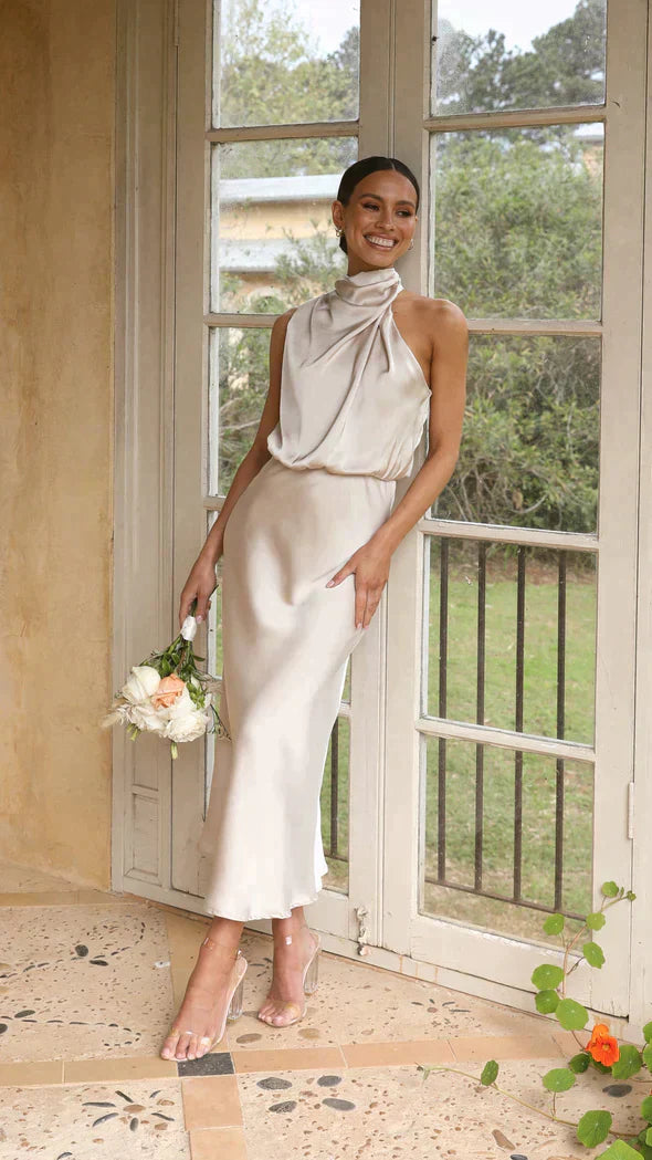Women’s Elegant Halter Midi Dress Draped Neckline