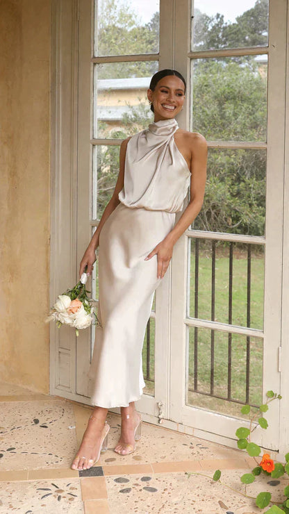 Women’s Elegant Halter Midi Dress Draped Neckline