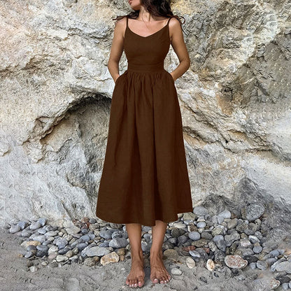 Women’s Midi Dress V Neck Open Back Slit