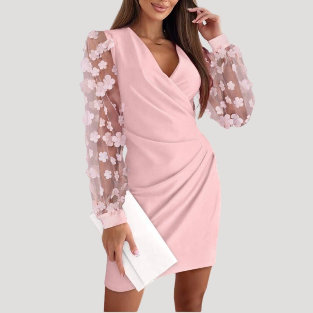 Women’s Mini Wrap Dress Sheer Sleeve V Neck