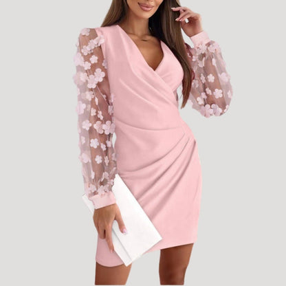 Women’s Mini Wrap Dress Sheer Sleeve V Neck