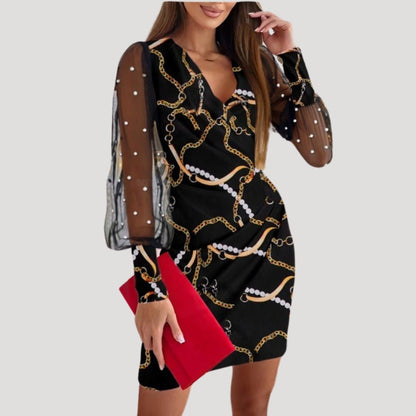 Women’s Mini Wrap Dress Sheer Sleeve V Neck