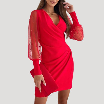 Women’s Mini Wrap Dress Sheer Sleeve V Neck