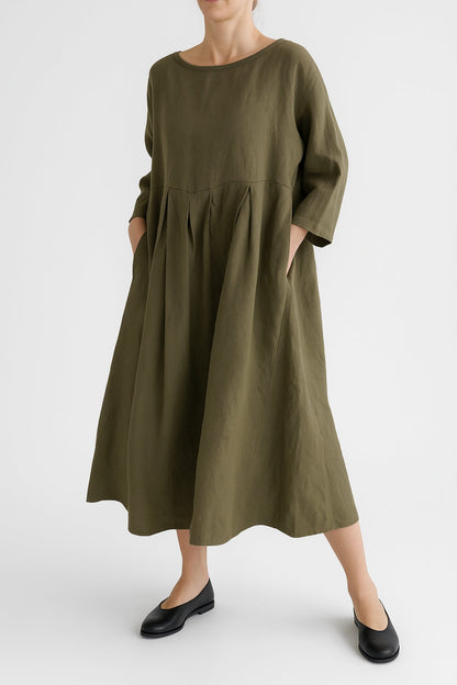 Women’s Relaxed Fit Midi Dress Front Pleats