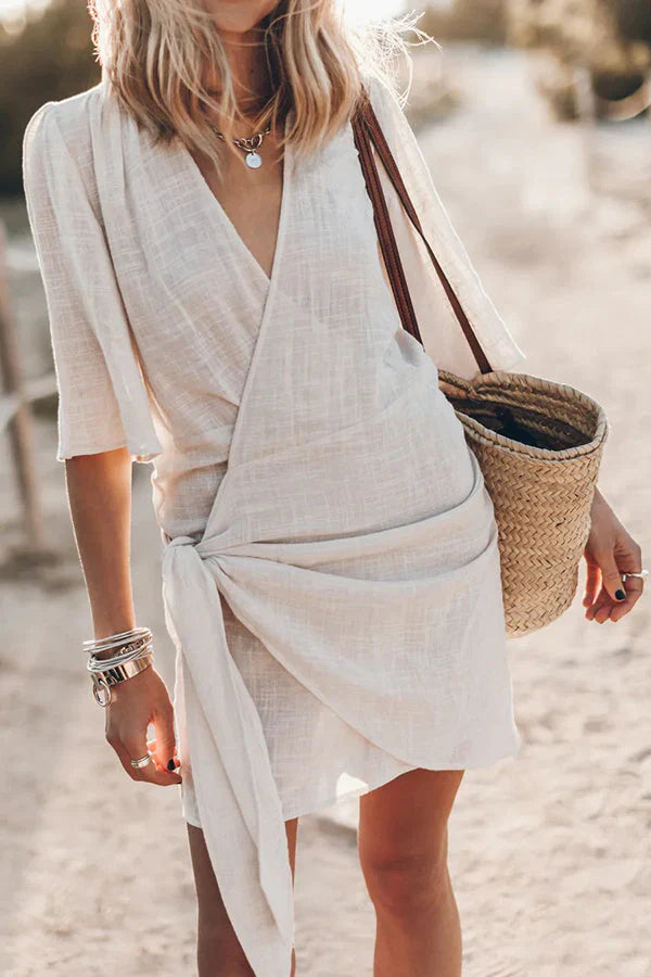 Women Wrap Mini Dress with Tie Waist and Short Sleeves