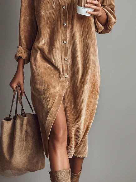 Women's Corduroy Button-Up Midi Dress – Loose Fit, Casual Elegant Style