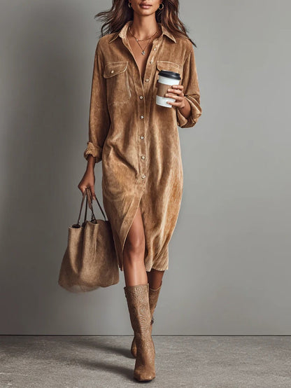 Women's Corduroy Button-Up Midi Dress – Loose Fit, Casual Elegant Style