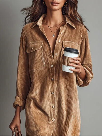 Women's Corduroy Button-Up Midi Dress – Loose Fit, Casual Elegant Style