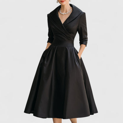 Women's V-Neck Wrap Bodice Midi Dress – 3/4 Sleeve, Flared Skirt, Elegant
