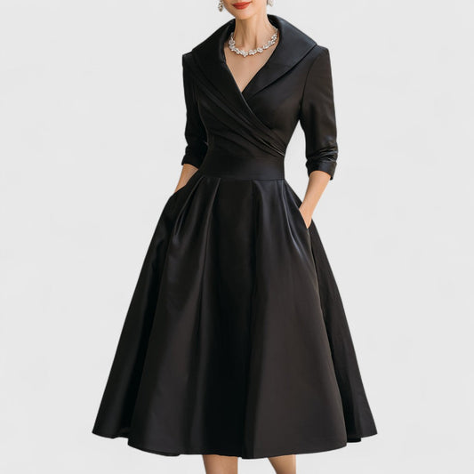 Women's V-Neck Wrap Bodice Midi Dress – 3/4 Sleeve, Flared Skirt, Elegant