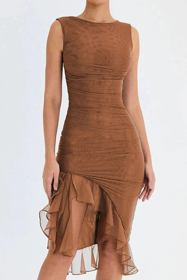 Women Ruched Sleeveless Midi Wedding Guest Dress