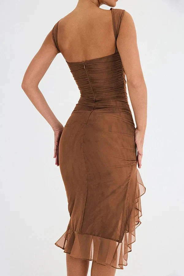 Women Ruched Sleeveless Midi Wedding Guest Dress
