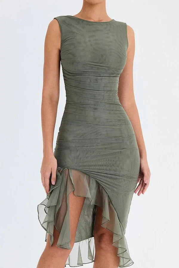 Women Ruched Sleeveless Midi Wedding Guest Dress