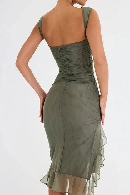 Women Ruched Sleeveless Midi Wedding Guest Dress