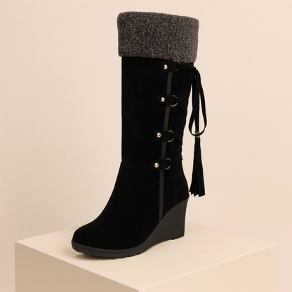 Elissa | Women's Knee-High Boots - Wedge Heel with Fold-Over Cuff and Tassel Tie