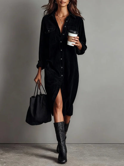 Women's Corduroy Button-Up Midi Dress – Loose Fit, Casual Elegant Style