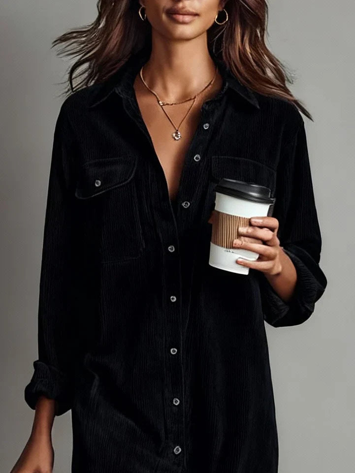 Women's Corduroy Button-Up Midi Dress – Loose Fit, Casual Elegant Style