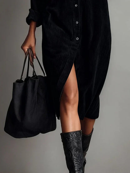 Women's Corduroy Button-Up Midi Dress – Loose Fit, Casual Elegant Style