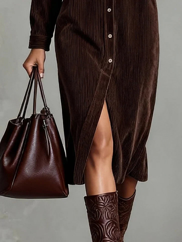Women's Corduroy Button-Up Midi Dress – Loose Fit, Casual Elegant Style